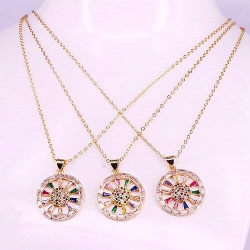 6Pcs New Micro Pave Round Pendant Necklaces Rainbow Zirconia CZ Crystal Top Quality Women Jewelry