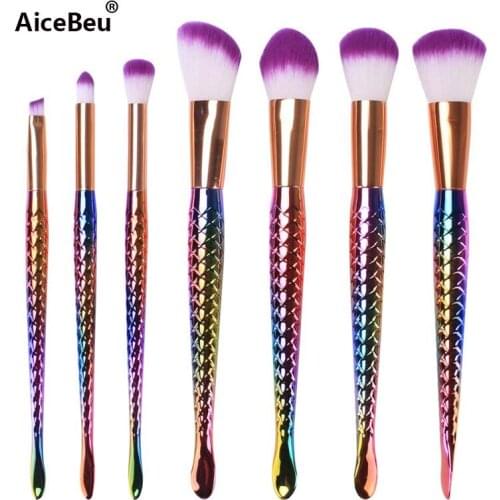 AiceBeu 7Pcs Mermaid Makeup Brush Sets Fiber hair Plastic Handle Foundation Blush Lip Eye Shadow Fan Brush Gold Rainbow color