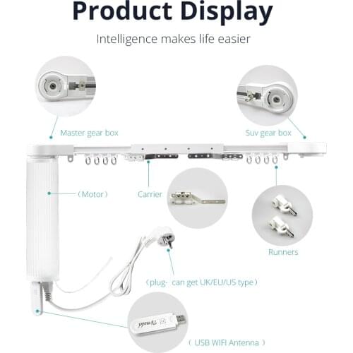Curtain Track Accessories Belt Runners Carries Gear Box Plug Motor WiFi Receivers Work with Alexa Google Home Tuya App Control
