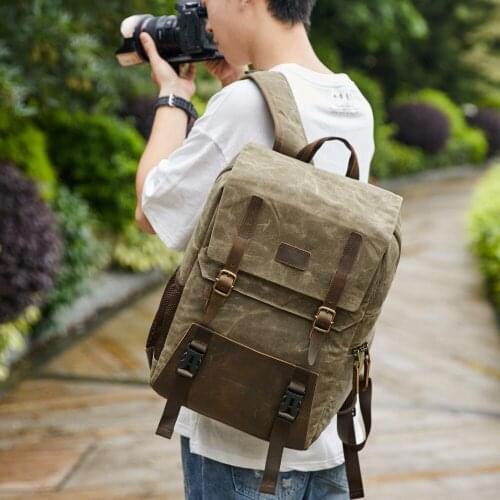 Batik Canvas+Real Leather Waterproof Shockproof Shoulders Camera Backpack Tripod Case 15.6'' Laptop Bag for Canon/Nikon DSLR SLR