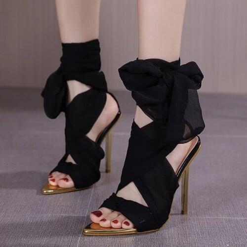 Soft Breathable Lace Up Sexy Women Sandals Gold Pointy Toe Metal Heels Summer Fashion Dress Shoes Modern Sandals Fancy Color
