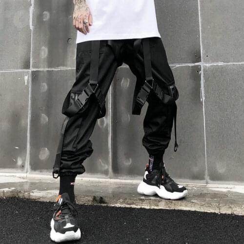 Novel Pockets Hip Hop Cargo Pants Men Streetwear Fashion Harem Pants Harajuku Pants Joggers Ribbon Black Trousers Sweatpants