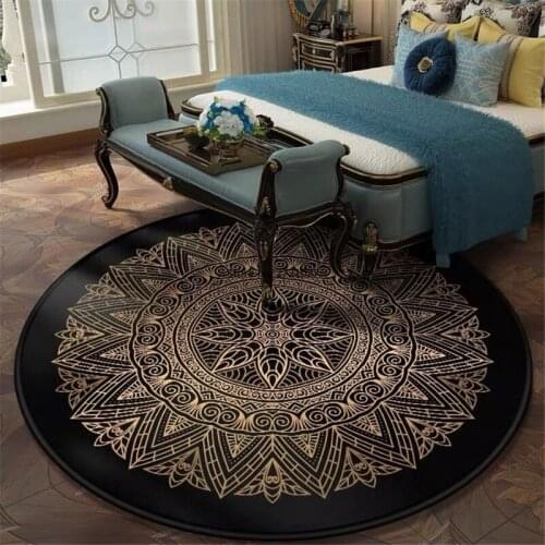 European Retro Black Gold Round Luxury Carpet Moroccan Mandala Geometric Pattern Carpet Bedroom Mat