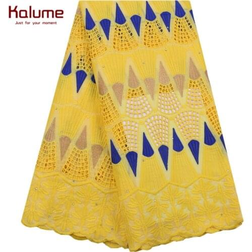 Kalume Yellow African Swiss Cotton Lace Fabric Embroidery Dress Lace Fabric With Stone Nigerian Voile Lace Fabric For Party 1918
