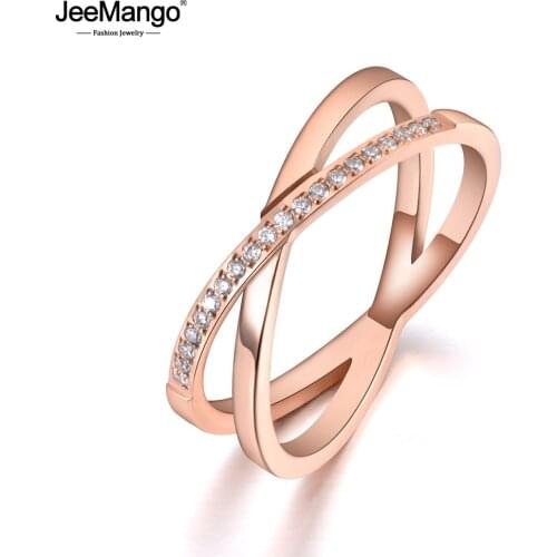 JeeMango Stainless Steel X Cross Shape Anniversary Ring Rose Gold Mosaic CZ Crystal Wedding Rings Jewelry For Women JR19079