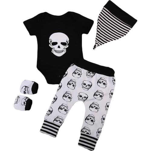 Summer Baby Boy Girl Skull Clothes Short Sleeve Romper +Long Pants Hat 4pcs Casual Outfits Set 0-18M Baby clothing