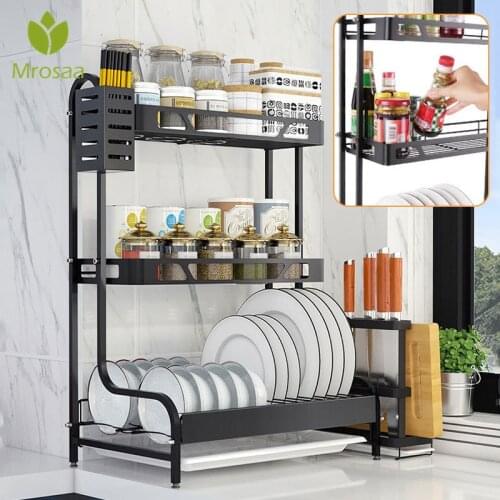 Metal Kitchen Storage Rack Dish Drainer Plate Drying Shelf Countertop Tableware Cutlery Holder Spice Jar Oragnizer Accessories