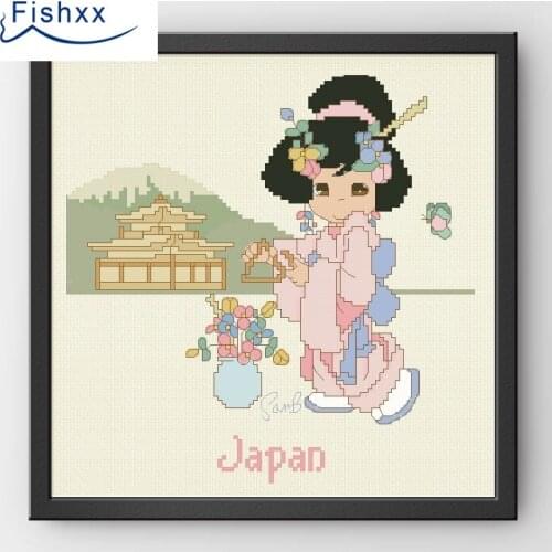 Fishxx Cross Stitch 14CT Kit European Style ChildrenS Bedroom Paintings H207 Japanese Girl And Mount Fuji DIY Embroidery