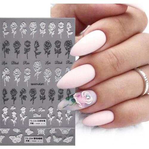 5D Nail Embossed Sticker DIY Engraved Multiple Shapes Non-Fading White Nail Sticker Rose Feather Design Transfer for Manicure
