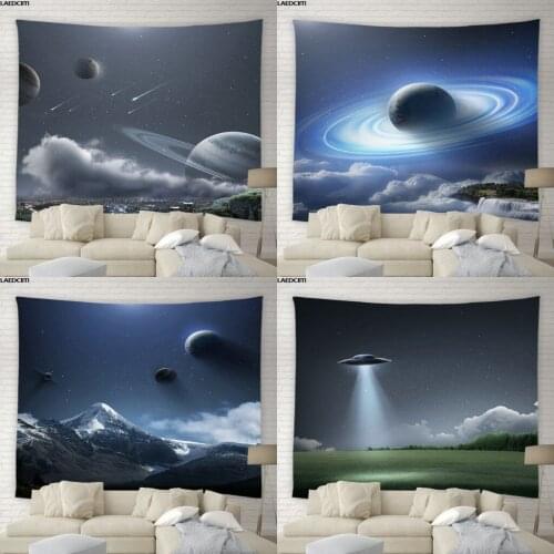 Sci-Fi Universe Tapestry Psychedelic Starry Sky UFO Earth Scenery Background Wall Hanging Cloth Living Room Bedroom Home Decor