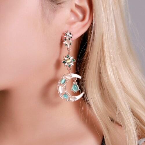 Cats Eye Stone Asymmetrical Moons Stars Suns Hollow Rhinestone Long Women Dangle Earrings & Drop Earrings