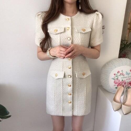 Autumn Elegant Women Chic Single Breasted Temperament Tweed Dresses Puff Sleeve Fashion Short Dress