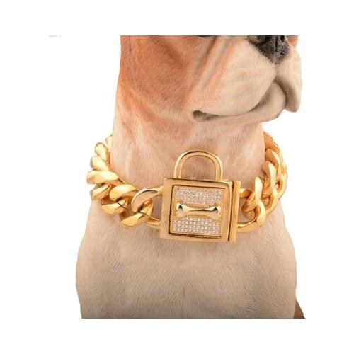 PMG Stainless Steel Dog Collar Gold Chain Crystal Bone Lock Bulldog Pitbull 17mm Small Dog Large Dog Collar Leash Pet Products
