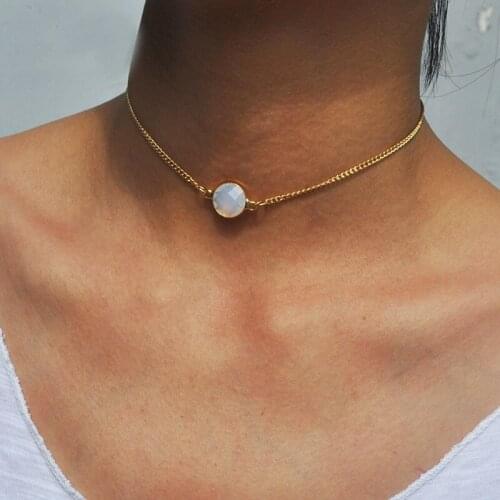 Simple Vintage Gold Chains Opal Gem Stone Choker Necklaces for Women Elegant Geometric Clavicle Necklace Jewelry Gift YN877