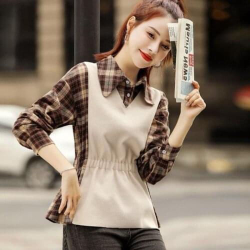 Fashion Wool False 2 Pieces Women Shirts Plaid Slim All Match Patchwork Female Elegant Blouses Tops 2021 Summer New