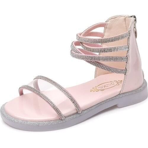 Girls Sandals New Fashion Rhinestone Leather Roman Shoes Summer Children Teenages Girls Shoes Kids Beach Sandals E871