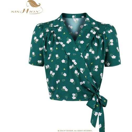 SISHION Women Short Sleeve Vintage Tops VD2095 Green Floral Print Summer Short T Shirt