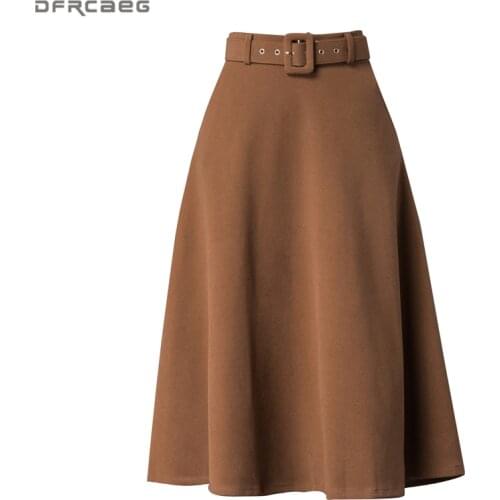Elegant High Waist Long Skirts For Women Autumn Winter Woolen Velvet Skirt With Belt Loose Plus Size Maxi Ladies Skirt Khaki Red