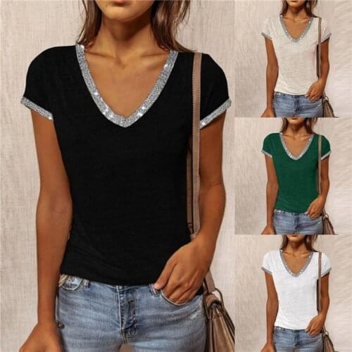2021 Hot Sale Summer Sexy Womens Summer V-neck Contrast Color Slim Short-sleeved T-shirt new Elegant Solid Sequined Top