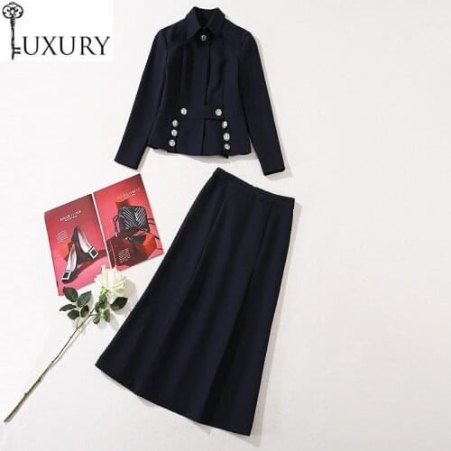 Piece 2020 Autumn 2 Winter Fashion Suits & Sets Women Metal Button Long Sleeve Jacket Coats+Midi A-Line Skirt Set Female