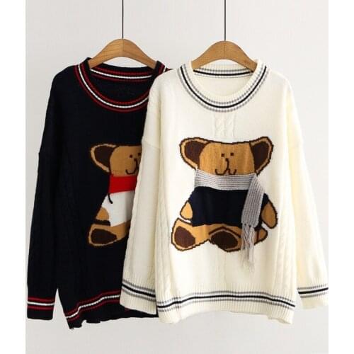 Harakuju Cartoon Bear Jacquard Sweaters Women 2021 Winter Warm Knit Pullover Long Sleeve O-neck Ladies Kawaii Cute Soft Tops