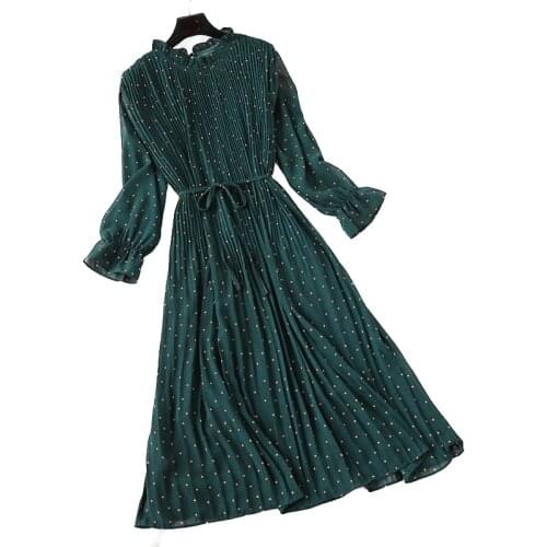 Elegant Dot Print Long Sleeve Women Dresses 2021 Spring and Autumn French retro floral Lotus leaf collar Dresses