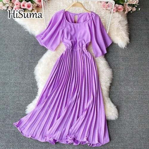 2021 summer new women o-neck cloak sleeve lace-up chiffon A-line dress female Chic elegant waist pleating dresses