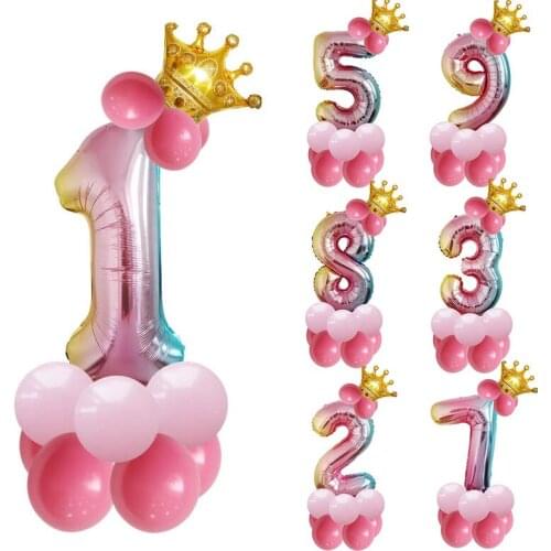 1set 32inch Birthday Party Rainbow Foil Number Balloon Crown Anniversary Latex Balloon Decor Kids Birthday Standing Air Ball