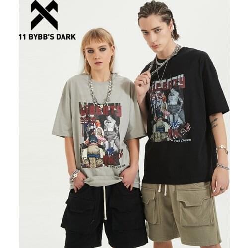 11 BYBBS DARK Hip Hop t Shirt Men Summer Vintage Character Print Oversize Tshirt Streetwear Harajuku Short Sleeve Shirts Black