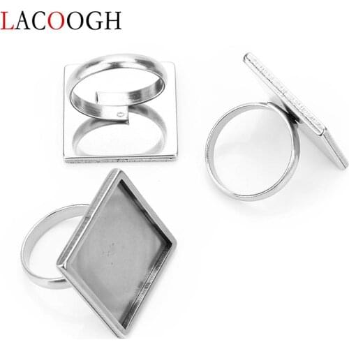 2pcs/lot Stainless Steel Open Rings Base Fit 20mm Square Cabochon Settings Tray Base For DIY Jewelry Making Findings Supplies