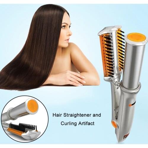 2 in 1 Hair Curler and Straightener Wand Twist Hair Styler Hot Comb Brush Hair Straightener Flat Irons Straightening Brush