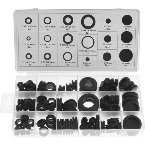 125pcs/lot Black Rubber Grommets Retaining Ring Set Seal Ring Assortment Protection Coil with Plastic Box