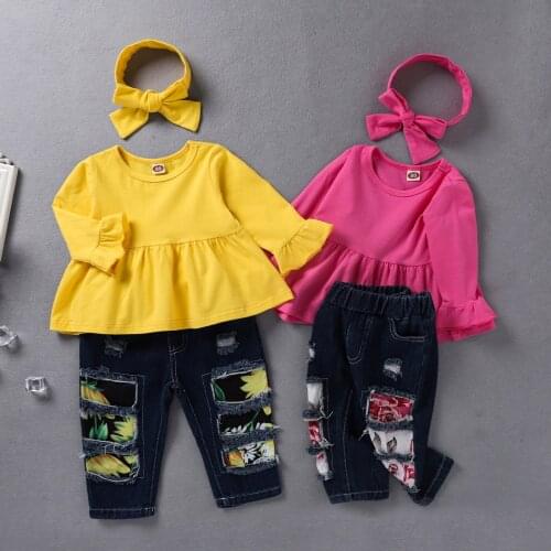Child Christmas New Clothes Toddler Kids Girls Flowers Print Flare Sleeve Tops+Ripped Jeans+Hairband Outfits Hip hop fashion M5