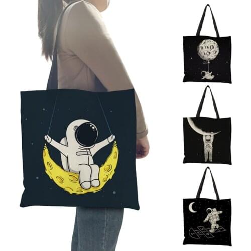 Eco Women Shopping Bag Fashion Branded Cartoon Spaceman Astronaut Print Shoulder Handbags Reusable Grocery Supermarket Totes