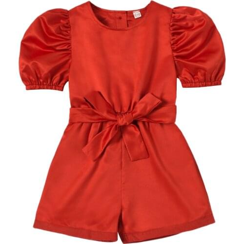 1-6Y Fashion Kids Girls Jumpsuits Solid Color Puff Sleeve Belt Bandage Overalls Rompers Summer Outfits