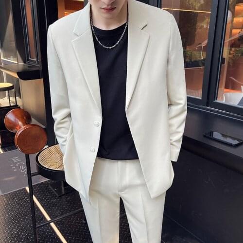 2Pieces Jacket+Pants Drape Suit Men Clothing 2021 Simple Two Buttons Loose Casual Blazer Streetwear Dress Tuxedo High Quality