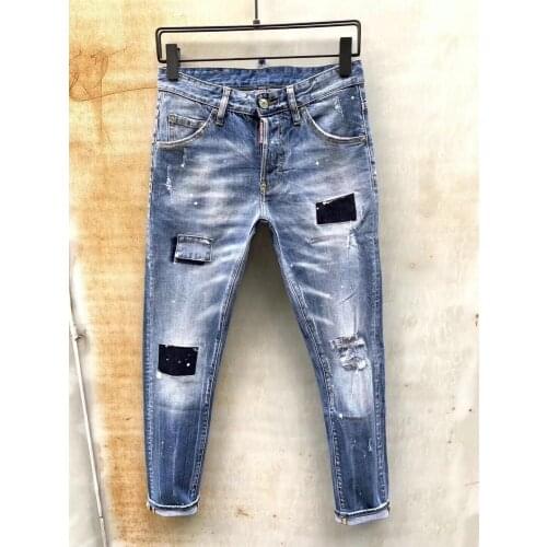 2021 Mens Fashion Ripped Patch Slim Fit Point Paint Stretch Stiletto Jeans 901