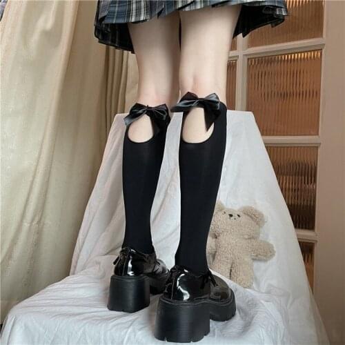 Hollow Lolita Socks with Bowknot Back Wear Velvet Black Jk Socks Calf Socks Women Knee High Socks Cute Stockings Girls Socks