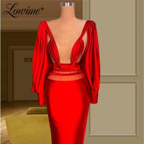 Hot Sexy Illusion Red Party Dress Celebrity Dresses Long Mermaid With Full Sleeves Arabic Grand Event Gowns Prom Dress Evening