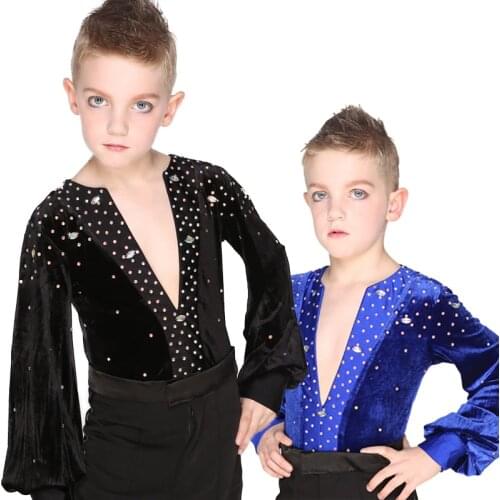 Latin Dance Shirts Boy Black Royal Blue Velvet Rhinestone V-Neck Tops Salsa Samba Boys Competition Latin Dancing Shirts DNV10298