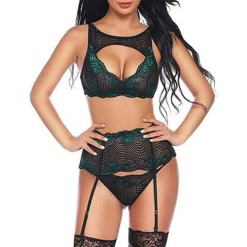 Sexy Floral Lace Lingerie Set Women Hollow Out Bra Thong Panties Babydoll Underwear Ladies Sleepwear Nightwear