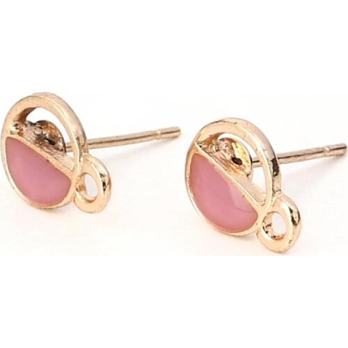 8Seasons Zinc Based Alloy Ear Post Stud Earrings Gold Pink Dark Gray Round Oval W/ Loop Enamel Jewelry DIY Charms,10 PCs