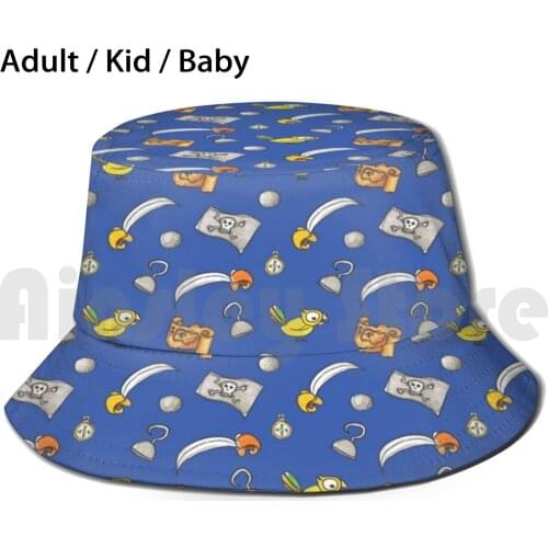 Pirate Things Sun Hat Foldable UV Protection Pirates Pirate Fun Childrens Kids Pattern Blue Sword Parrot Map