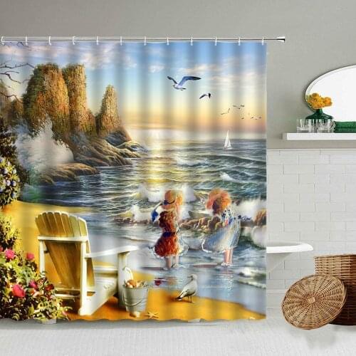 Seaside Waves Girl Child Flowers Seagulls Shower Curtains Natural Landscape Oil Painting Bathroom Waterproof Polyester Screen