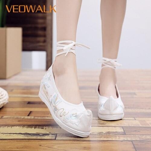 Veowalk Nose Toe Women Soft Canvas Hidden Platforms Shoes Ankle Strap Ladies Costume Cosplay Shoes Chinese Embroidered Shoes