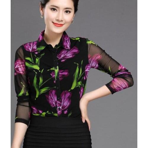Spring Fall Office Lady Fashion Women Full Sleeve Floral Pattern Black Mesh Blouse Shirt , Casual Female Womens Slim 4XL Blouses