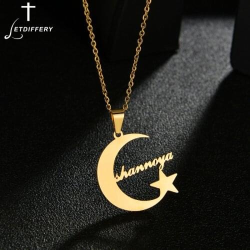 Letdiffery Custom Name Moon Star Necklace Stainless Steel Vintage O Chain for Women Lovers Personlized Letters Jewelry Birthday