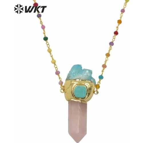 WT-n1255 Fashion gold electroplated hexagona point stone necklace women big chunky natural opal stone necklace