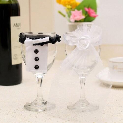 Bride & Groom Tux Bridal Veil Wedding Party Toasting Wine Glasses Decor