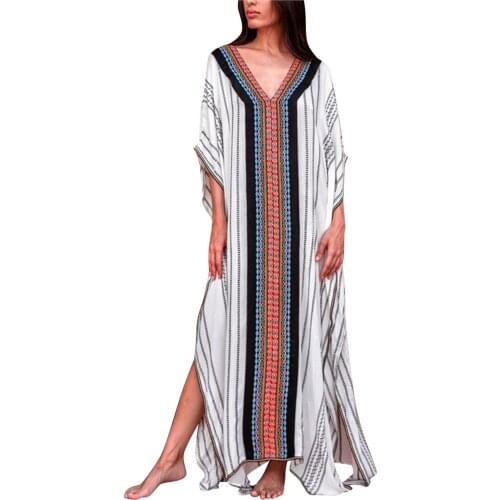 2021 Quick-drying Black Indie Folk Embroidered Long Summer Beach Dress Moroccan Kaftan Plus Size Women Beachwear Maxi Dress